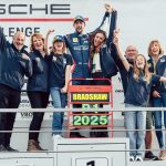 Tom Bradshaw and family standing on the podium at Brands Hatch celebrating his winning the Porsche Sprint Challenge GB Championship 2025